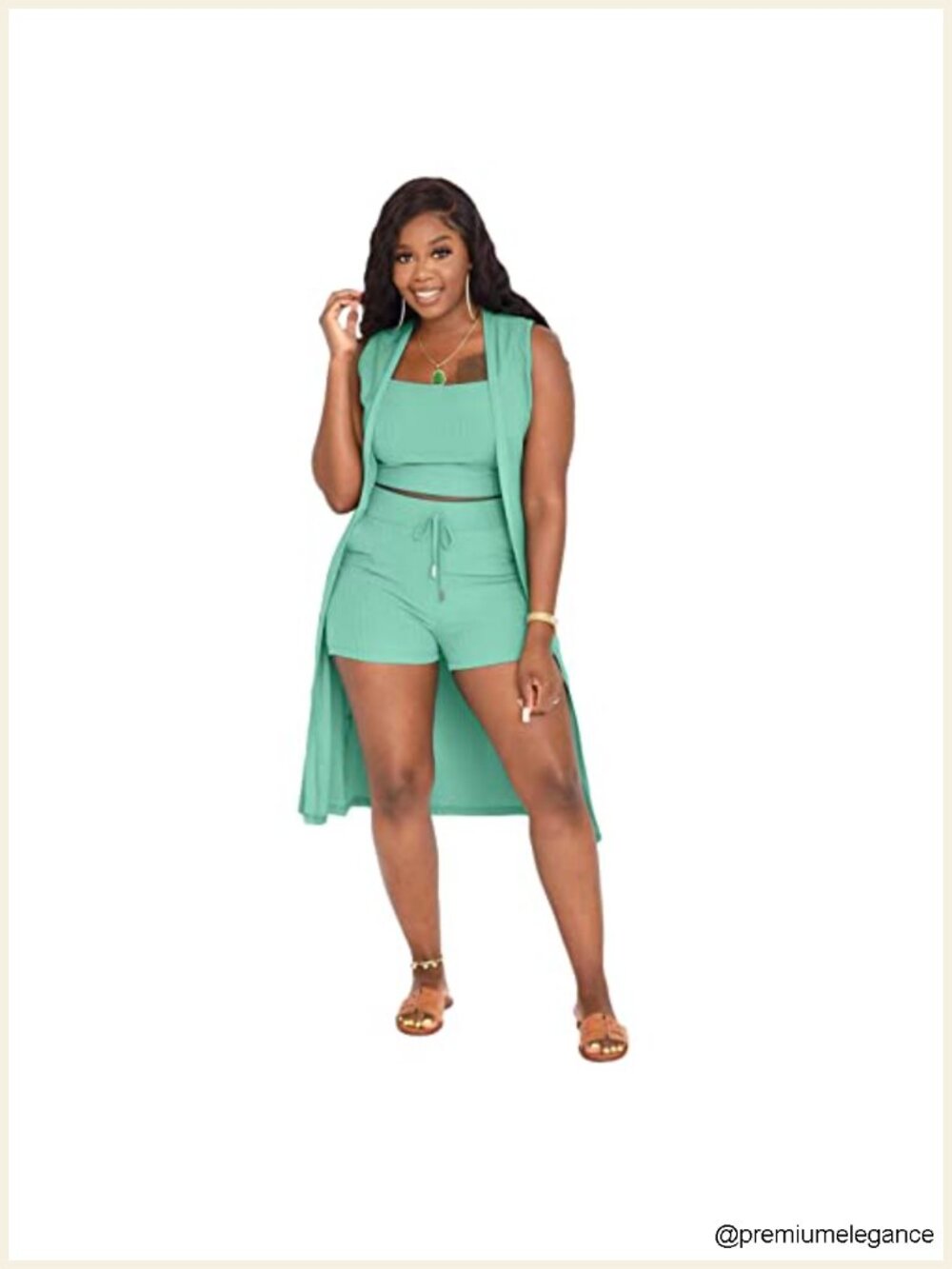 3 Piece Outfit Long Cardigan Tank Top Bodycon Shorts Set